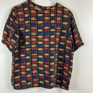 Womens Vintage Casual Corner SS Silk Top Blue Red‎ Gold Rectangles Med
